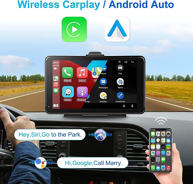 Portable Car Stereo Wireless Apple Carplay Android Auto, 7 Inch IPS Touchscreen Car Radio in Dash Navigation Unit Player with BT, FM Transmitter, Voice Control, AUX, TF